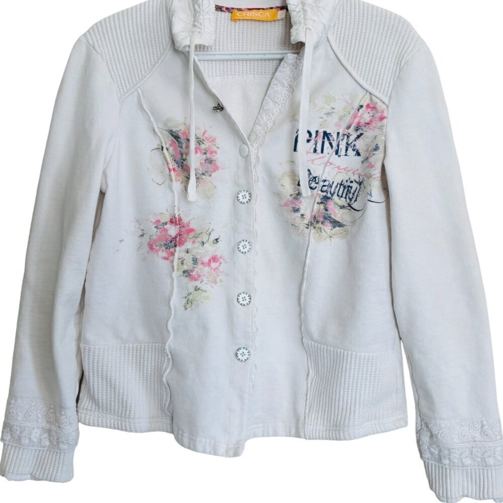 VTG Crisca Button Front White Trucker Jacket Flower Design Lace Trim  M